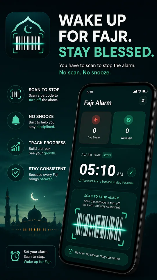 Layar utama Fajrlock dengan waktu alarm dan barcode untuk dipindai